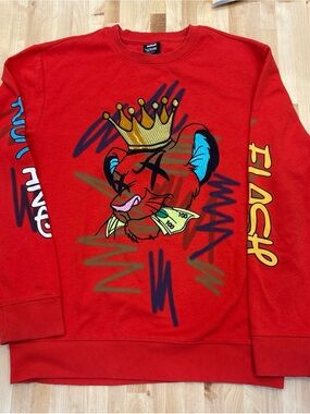 Genuine Graffiti Print and Stitched Simba Crewneck Sweatshirt Red Men’s XL